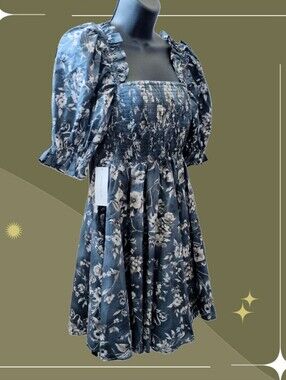 ✨ Nwt Selkie Blue Floral Cotton Puff Sleeve Mini Dress Size L